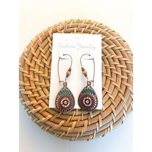 NWT Boho Fillagree Teardrop Dangle Earrings Stone Copper Antique Brass Beaded